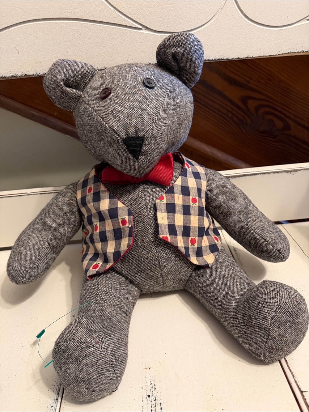Handmade tweed memory bear with red bow tie and reversible vest. Good condition.